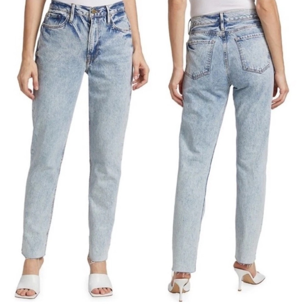 Frame Le Piper Straight Leg Jeans Richlake Light Blue Acid Wash Raw Hem Size 26